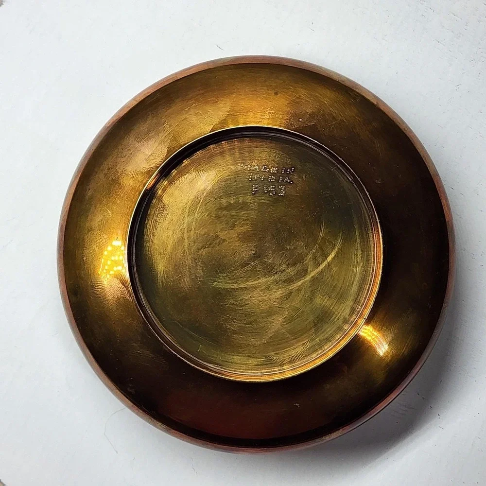 Vintage Brass Copper Flower Pot Frog Bowl 4in‎ Gold Metal Engraved India 80s
